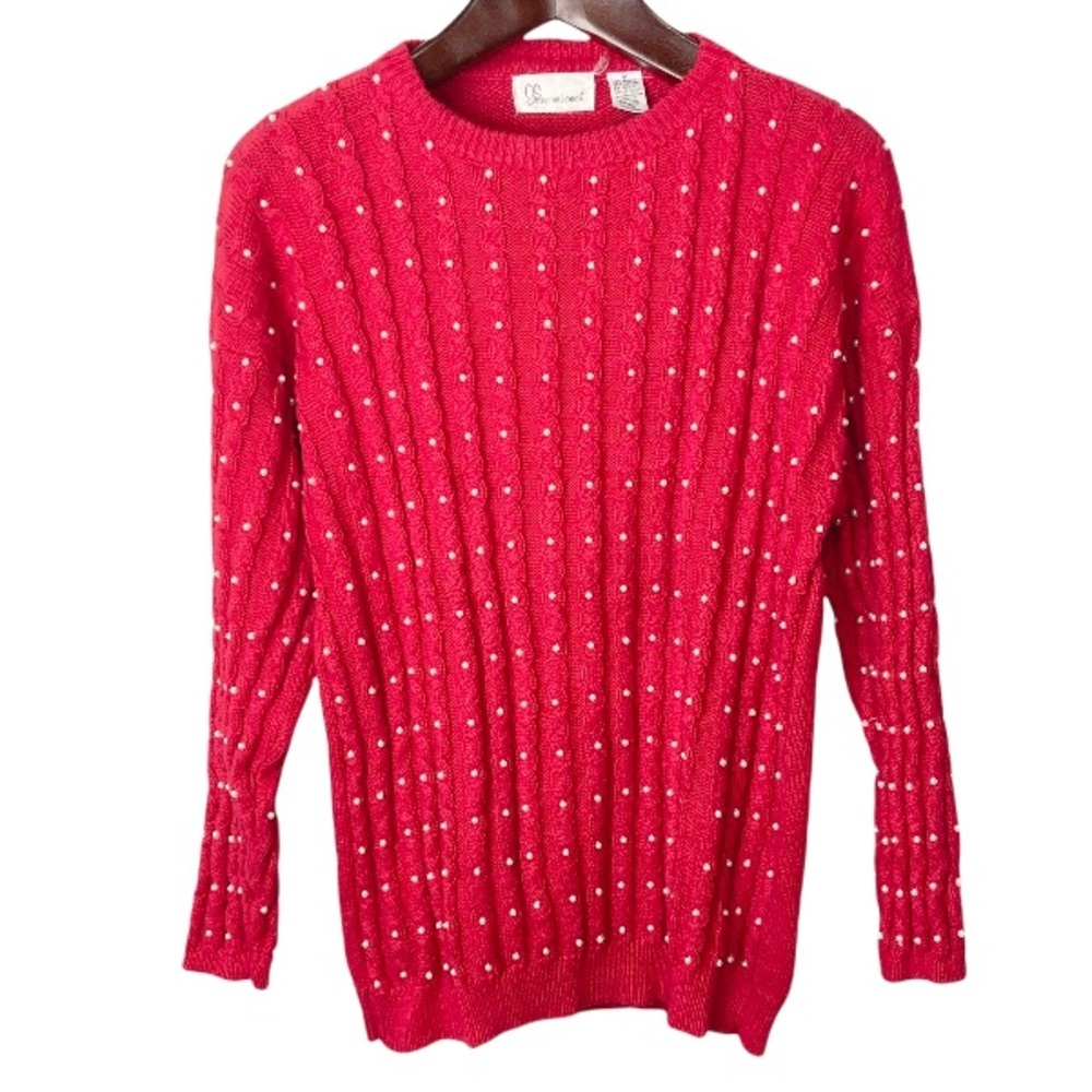 Vintage classic red pearl embellished heavy cable knit holiday sweater medium